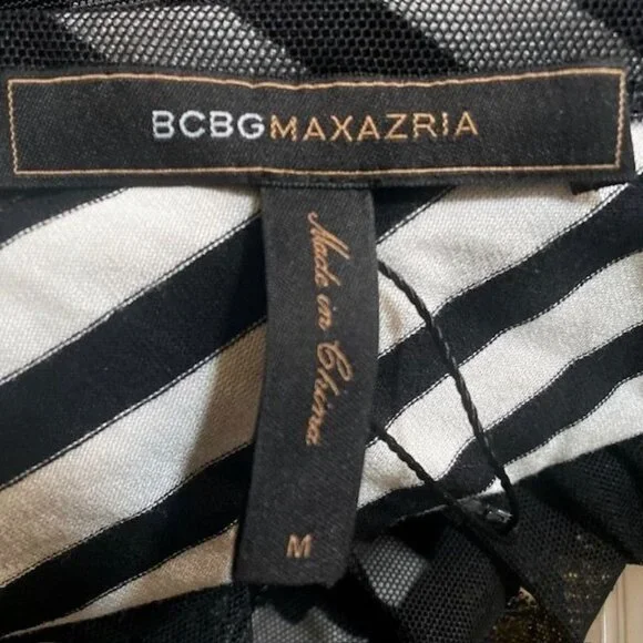 BCBGMaxAzria One Shoulder Striped Mesh Overlay Pencil Dress Black, size Medium - Picture 9 of 16